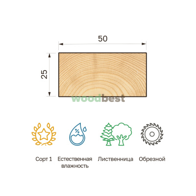 Брусок обрезной естественной влажности лиственница 25х50х3000 сорт 1 - фото | СтройАссортимент